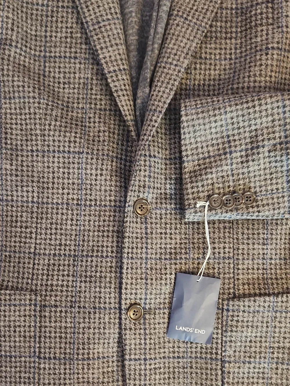 LANDS END Men's Gray Check Blazer - Classic Tailored Wool Blend, size 40L